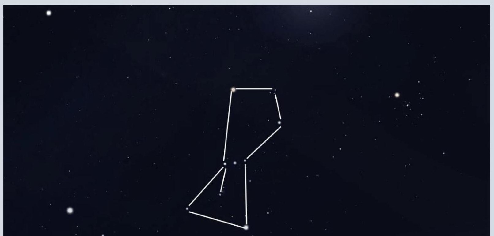 Het volledige sterrenbeeld Orion met witte verbindingslijnen tussen de sterren